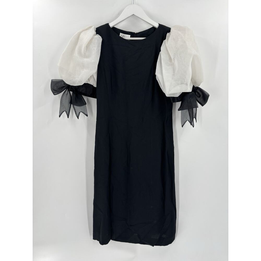 Vintage Rimini Dress Womens 8 Black Puff Sleeves Bow Ties 80s Retro Zip Cocktail